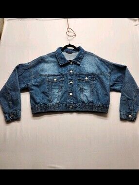 ⭐️eXcuse Never Enough Cropped Denim Jacket XL Y2K Streetwear Retro Boho Utility